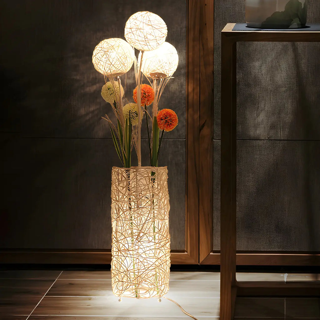 Lampada da terra in rattan LED a colonna con spina per soggiorno