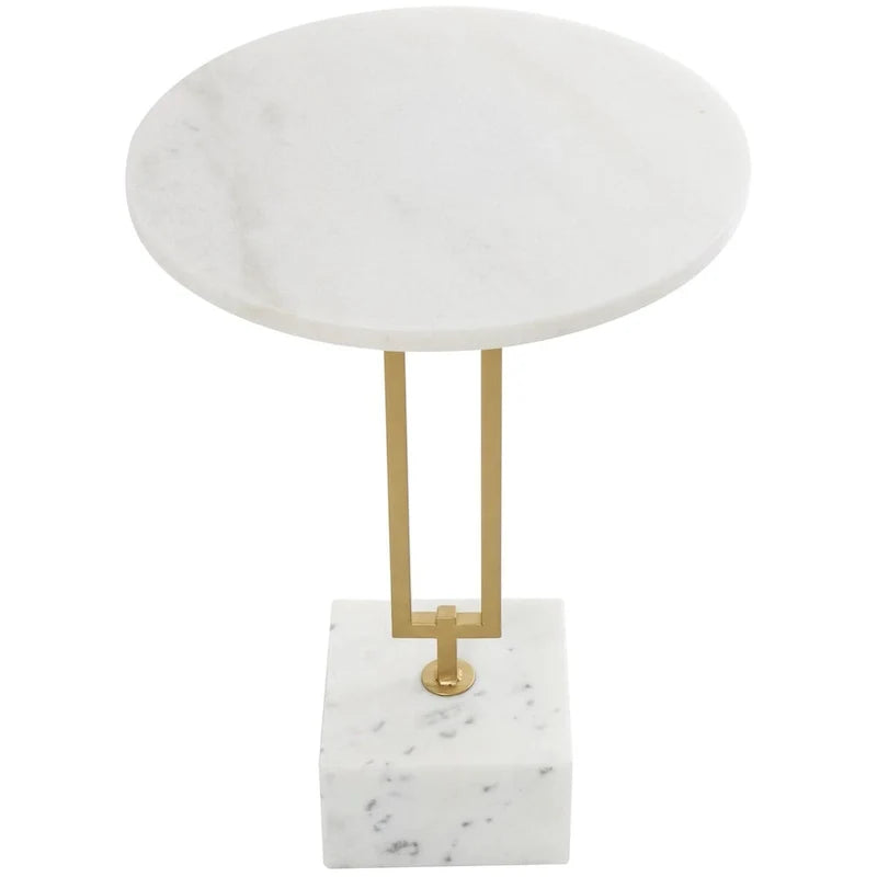 Tavolino d'appoggio/laterale geometrico in marmo con base rettangolare in metallo dorato - Bianco