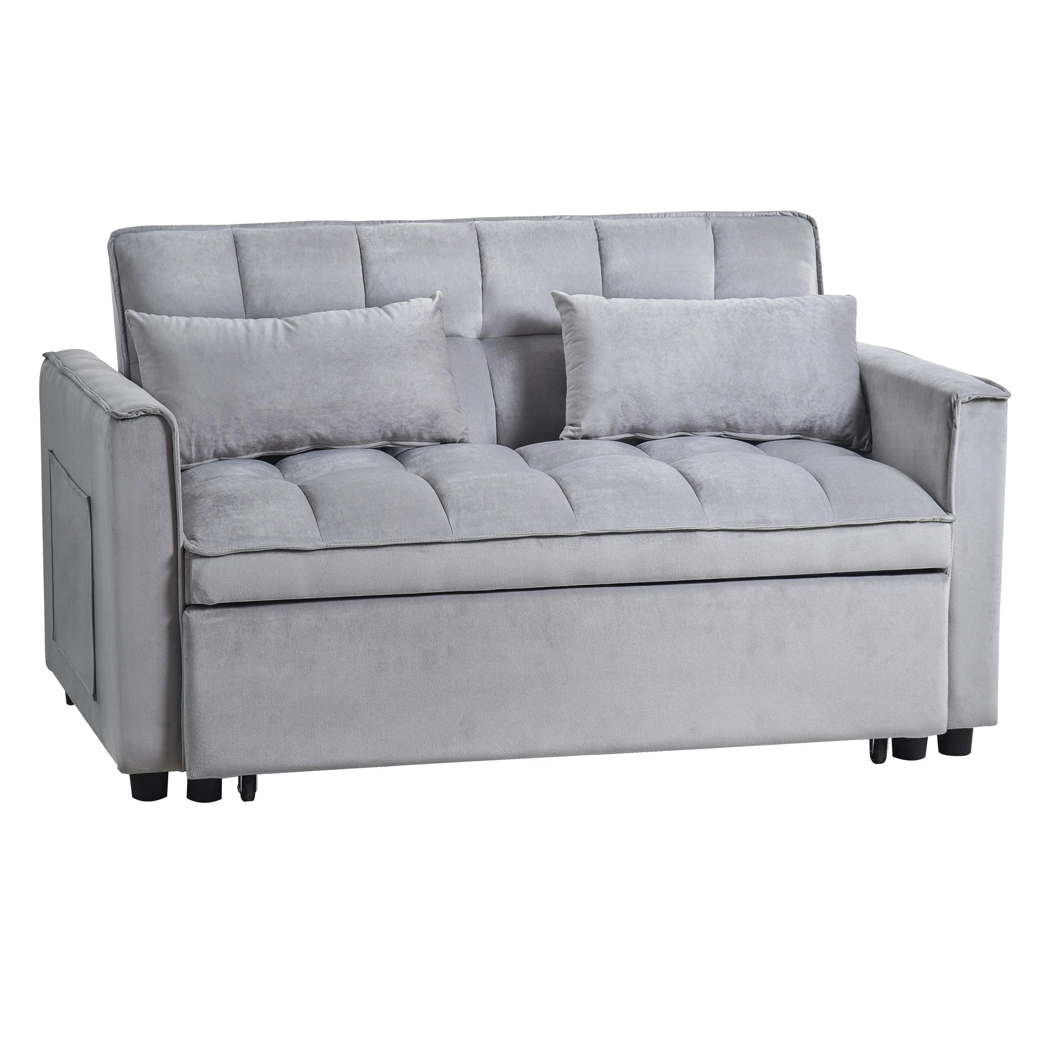 Moderno divano letto estraibile, divano letto 3-in-1 con schienale regolabile, divanetto in velluto, cuscini e tasche laterali