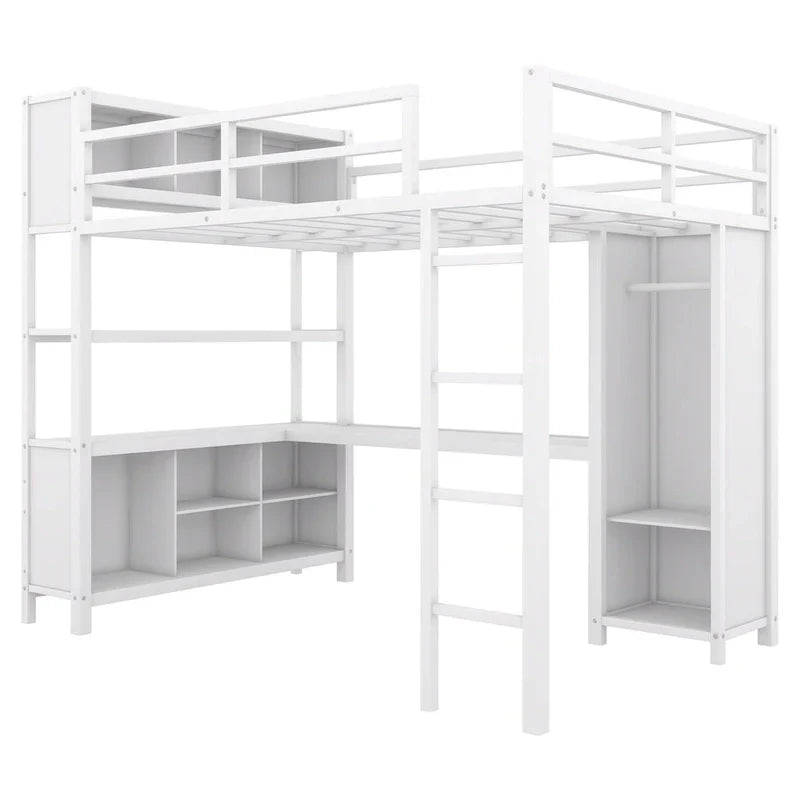Letto a soppalco in metallo Off-White con scrivania e armadio - Matrimoniale