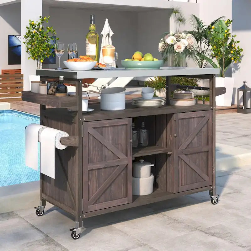 Isola Cucina da Esterno, Carrello Bar con Ruote e Mobile Contenitore, Tavolo per Barbecue in Legno Massello con Piano in Acciaio Inox, Porta Spezie, Porta Asciugamani