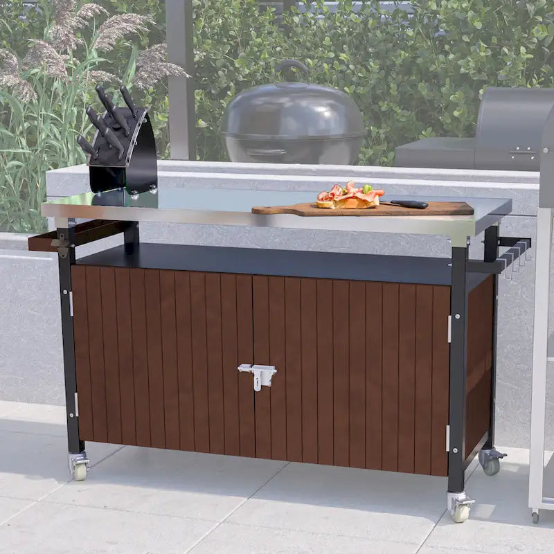 Carrello per Barbecue da Esterno con Piano in Acciaio Inox (sgabello non incluso)