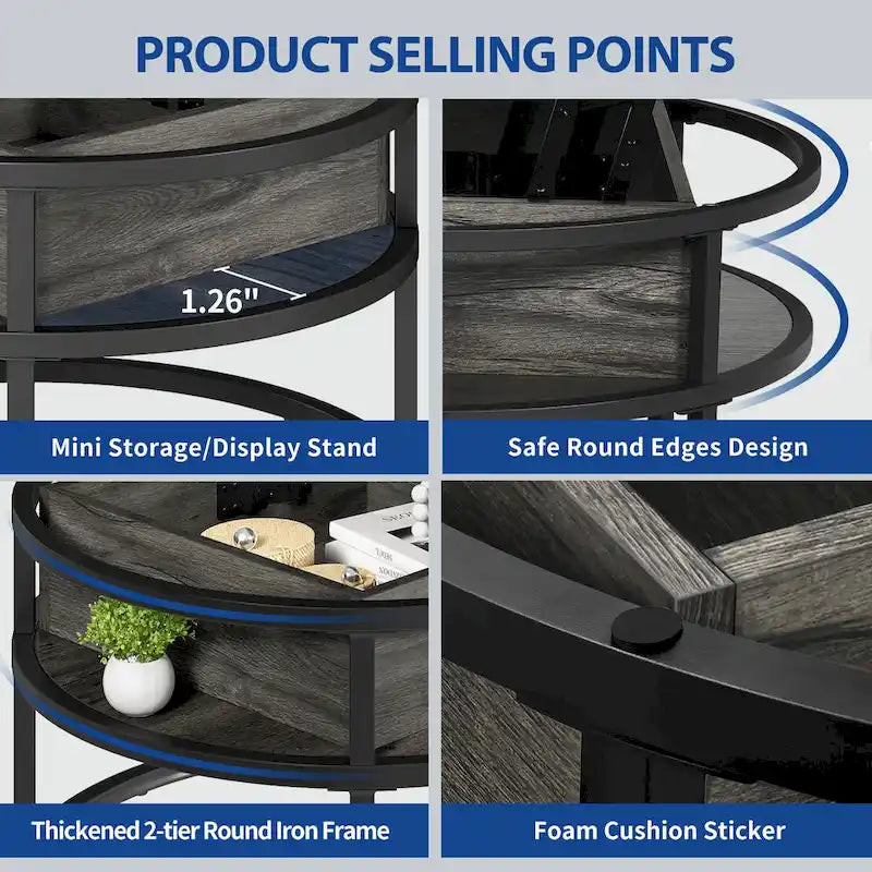 Tavolino da caffè rotondo con piano sollevabile, allungabile e contenitore a scomparsa