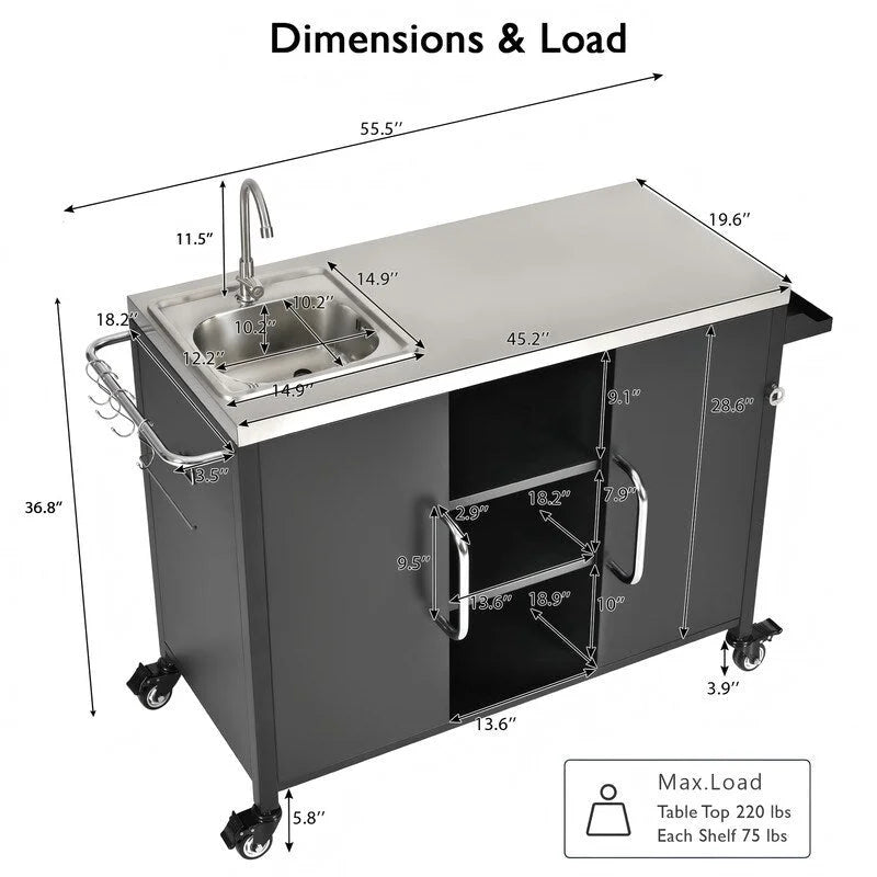 Isola cucina da esterno con lavello, Lavello portatile da esterno con 4 ruote bloccabili