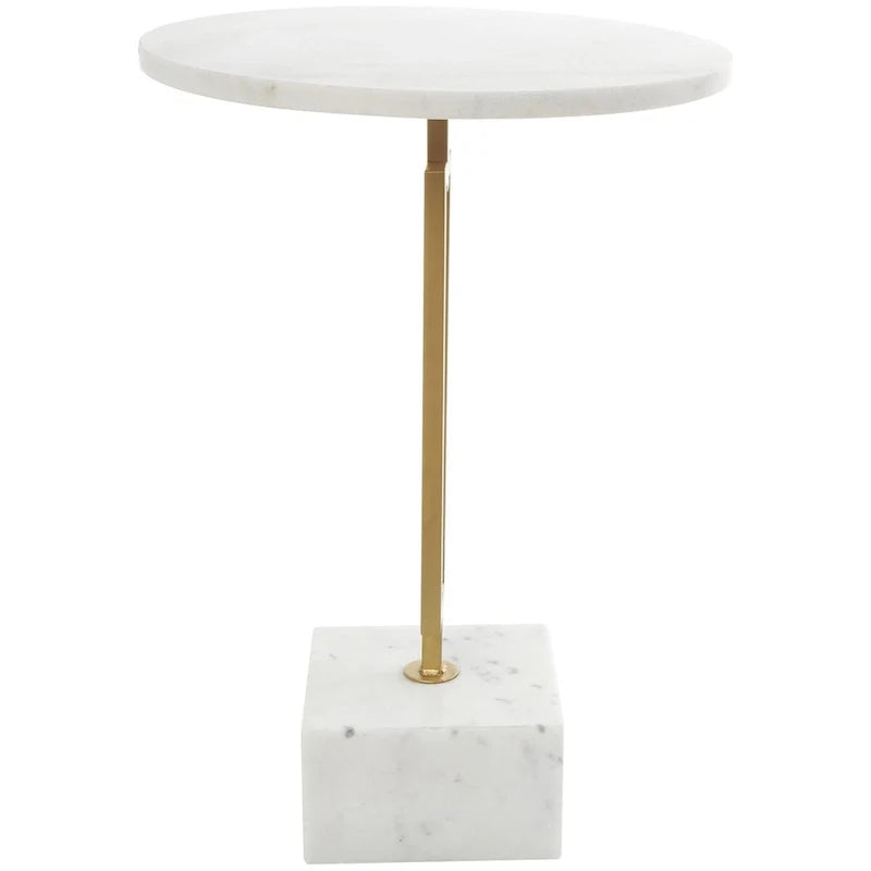 Tavolino d'appoggio/laterale geometrico in marmo con base rettangolare in metallo dorato - Bianco