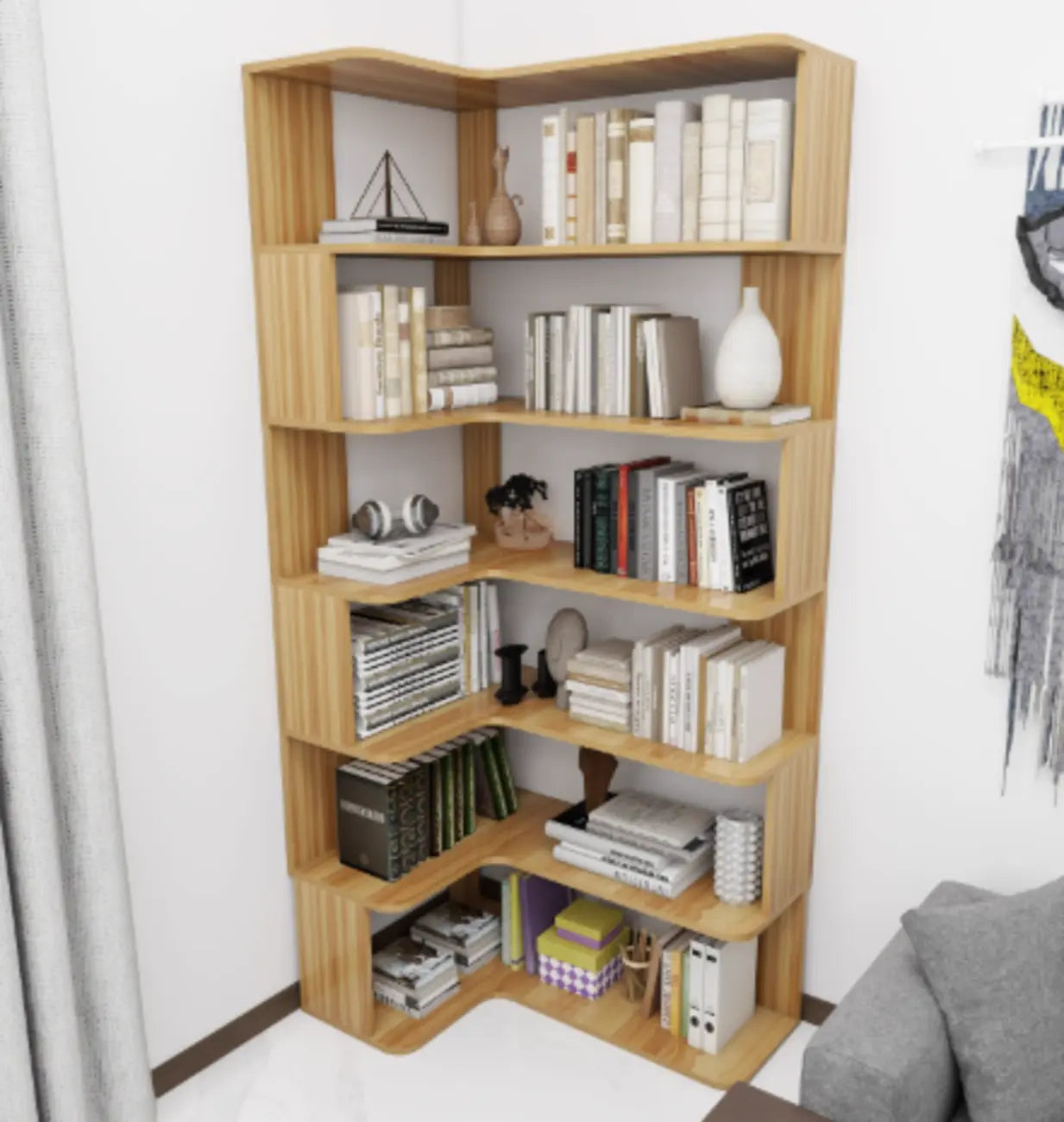 Libreria ad angolo in legno multistrato con 6 ripiani
