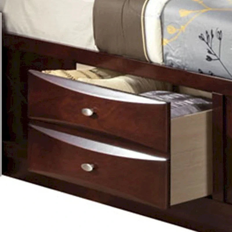 Letto a pannelli queen size con libreria e cassetti, marrone
