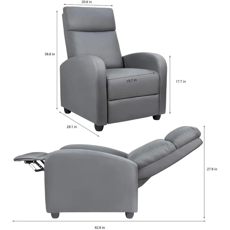 Poltrona reclinabile push-back in pelle PU, marrone / nero / grigio / kaki / rosso / beige, singola