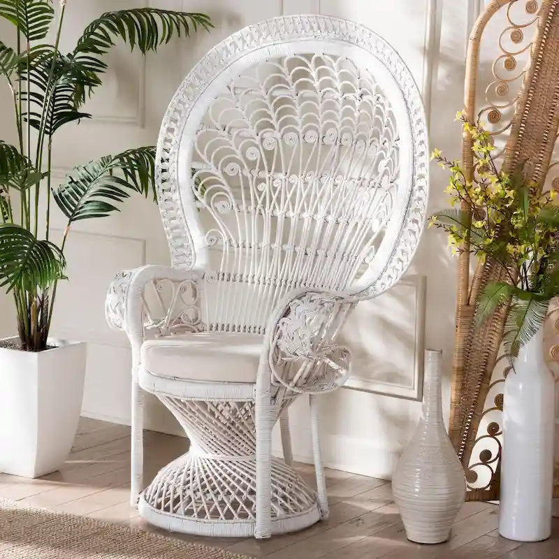 Poltrona a Pavone Moderna Bohemien in Rattan Naturale Bianco