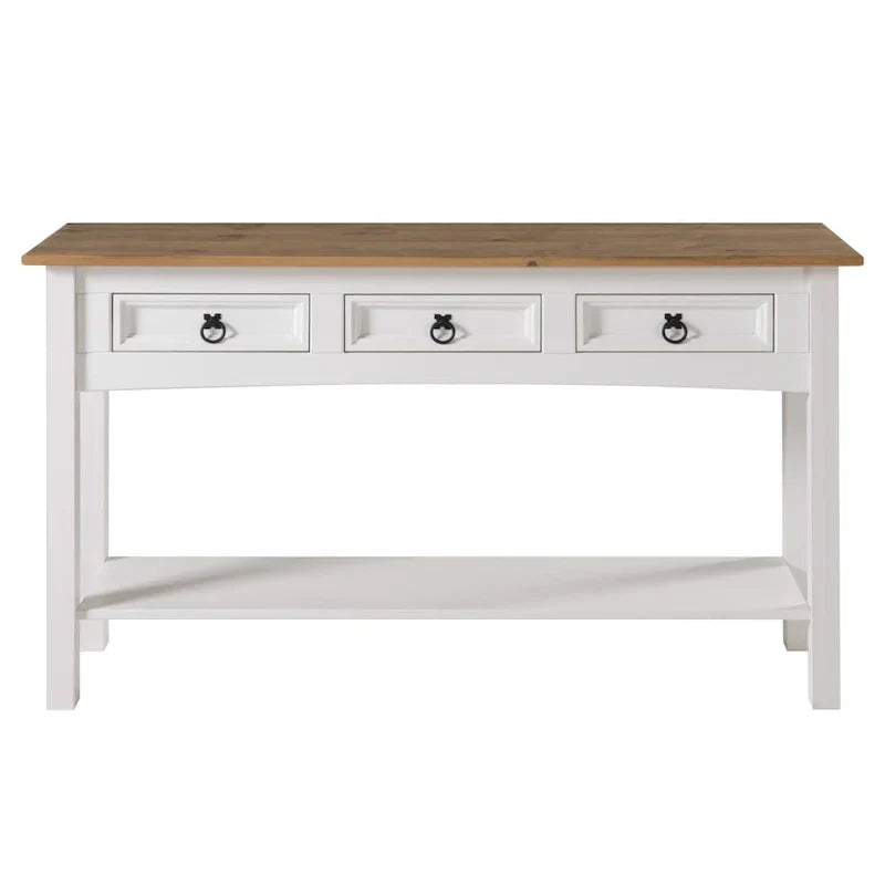 Tavolo Consolle Rustico in Pino Massiccio per Ingresso, Bianco Decapato / Marrone Antico / Grigio Decapato / Non Verniciato, 3 Cassetti