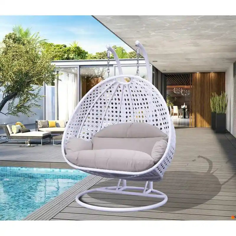 Sedia sospesa a dondolo a forma di uovo con supporto in metallo, telaio in vimini e cuscino – Beige / Blu antracite / Bianco / Blu / Bianco antico / Marrone / Tela, 2 posti