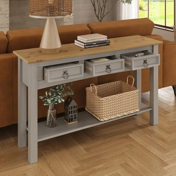 Tavolo Consolle Rustico in Pino Massiccio per Ingresso, Bianco Decapato / Marrone Antico / Grigio Decapato / Non Verniciato, 3 Cassetti