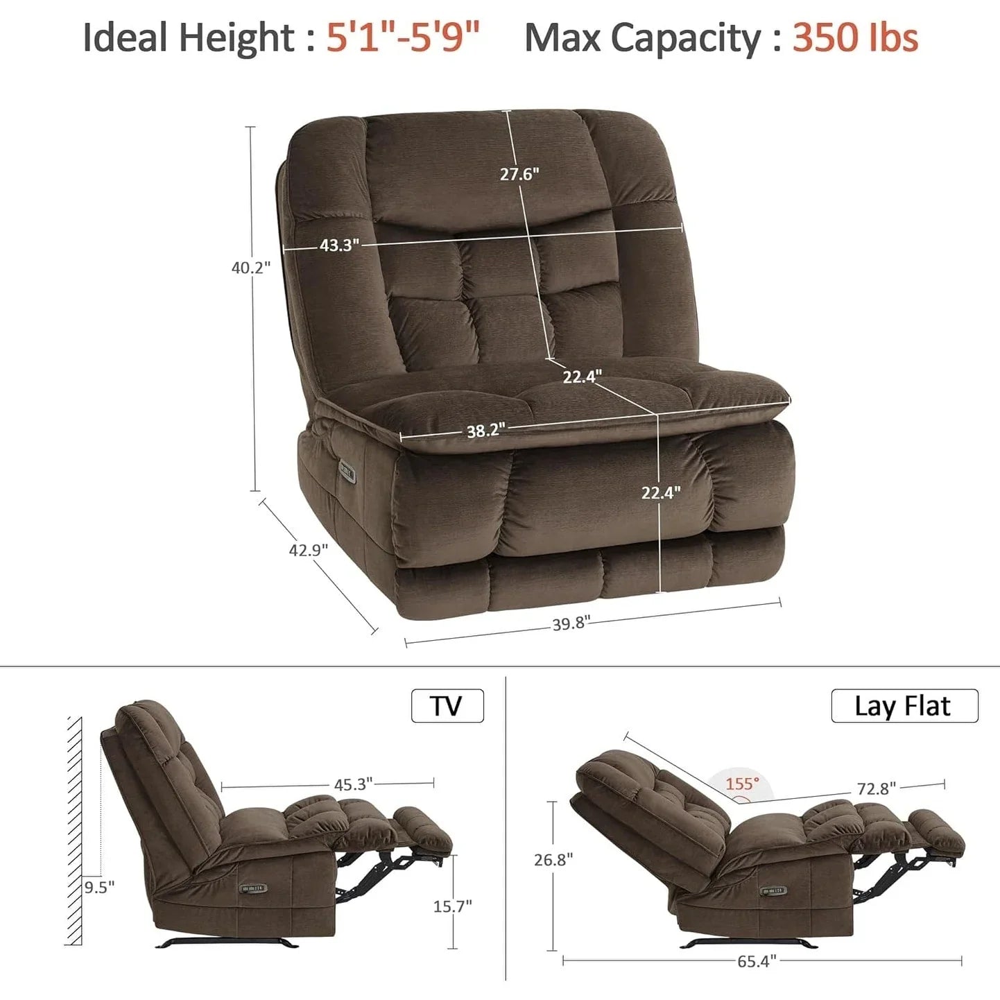 MCombo Poltrona Reclinabile Basculante Elettrica Oversize senza Braccioli con Doppio Motore, Reclinabile Zeroarms Perfetta per Soggiorno in Tessuto PR607
