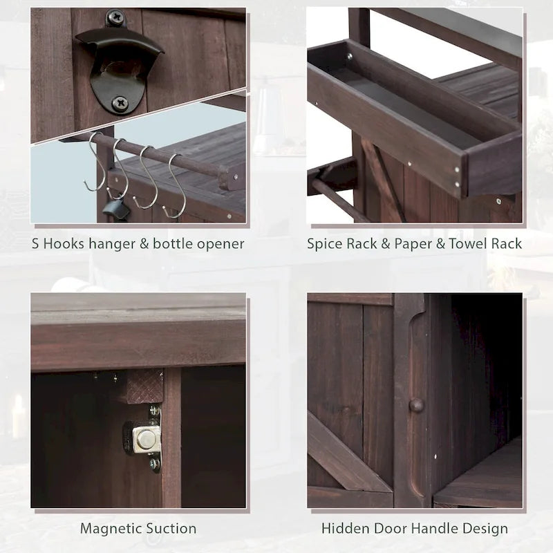 Isola Cucina da Esterno, Carrello Bar con Ruote e Mobile Contenitore, Tavolo per Barbecue in Legno Massello con Piano in Acciaio Inox, Porta Spezie, Porta Asciugamani