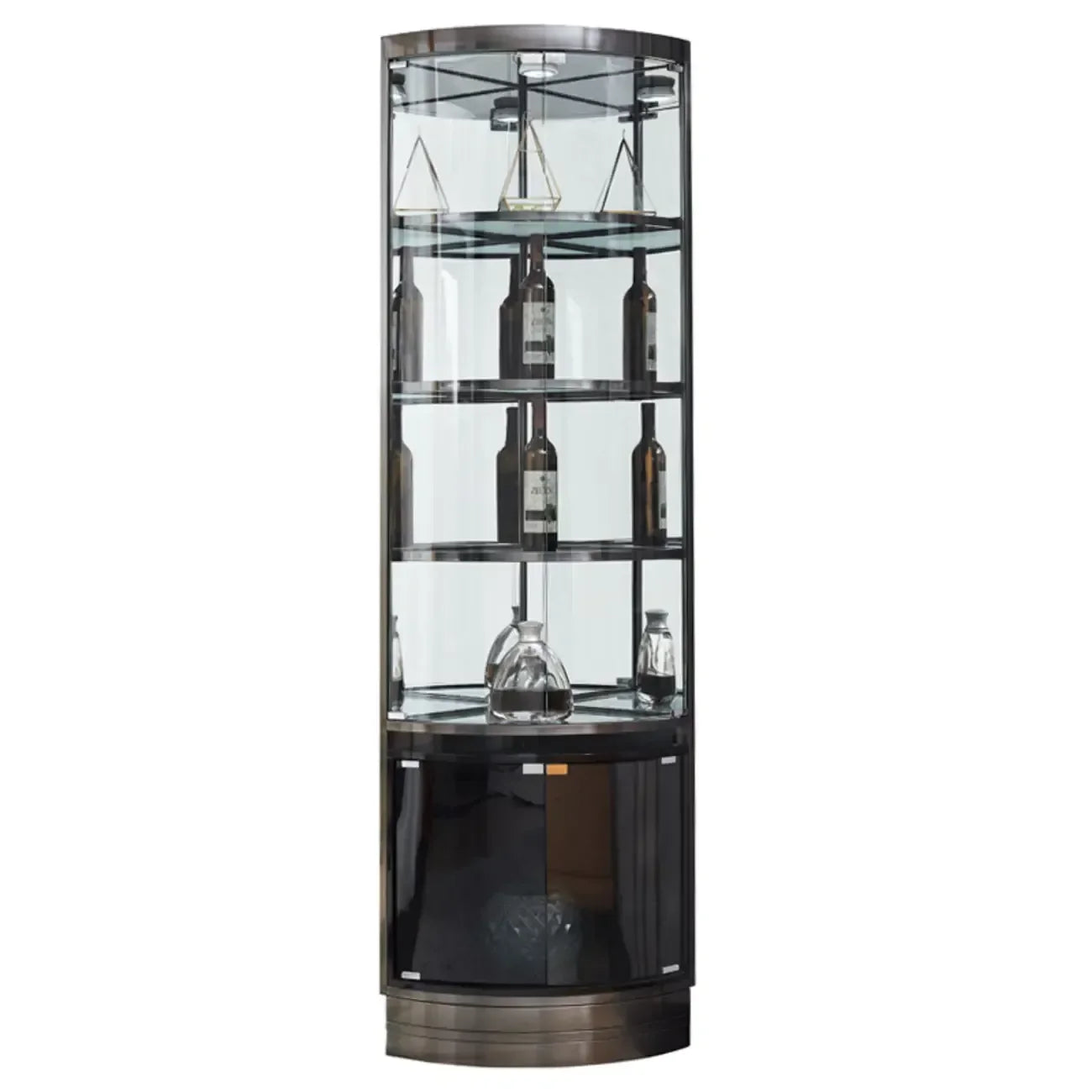 Mobile Bar Angolare con Scaffali Multipli in Vetro e Metallo per Esposizione