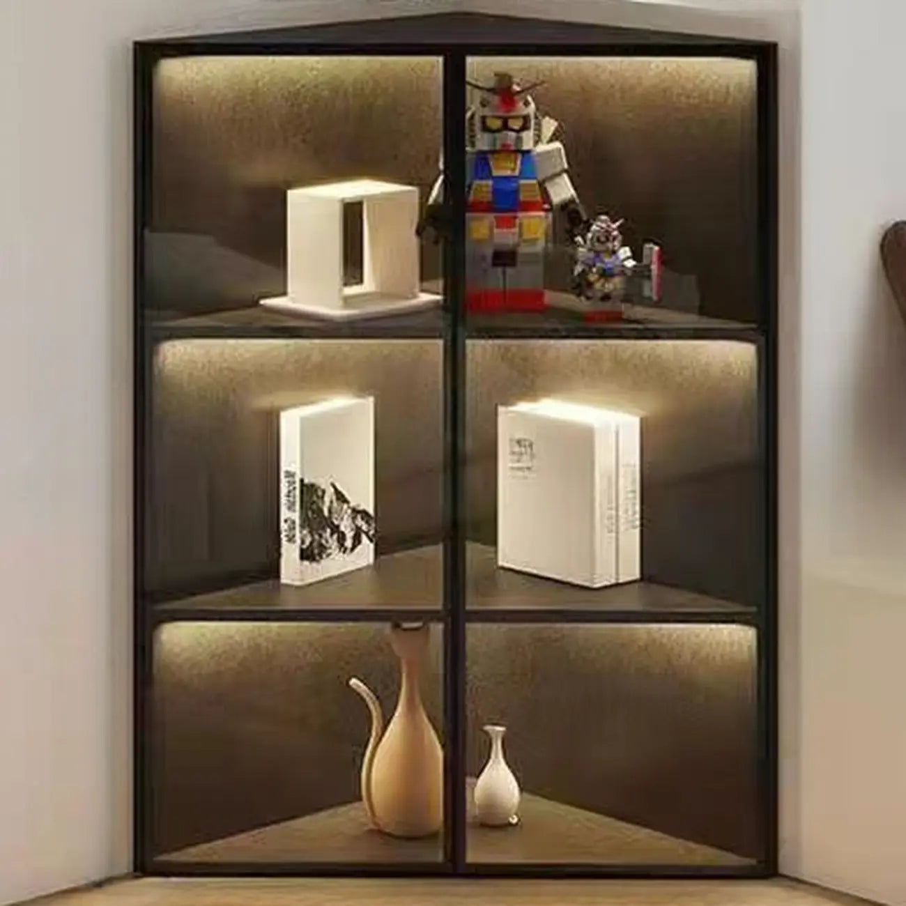 Vetrina ad angolo moderna in metallo grigio e legno con anta in vetro