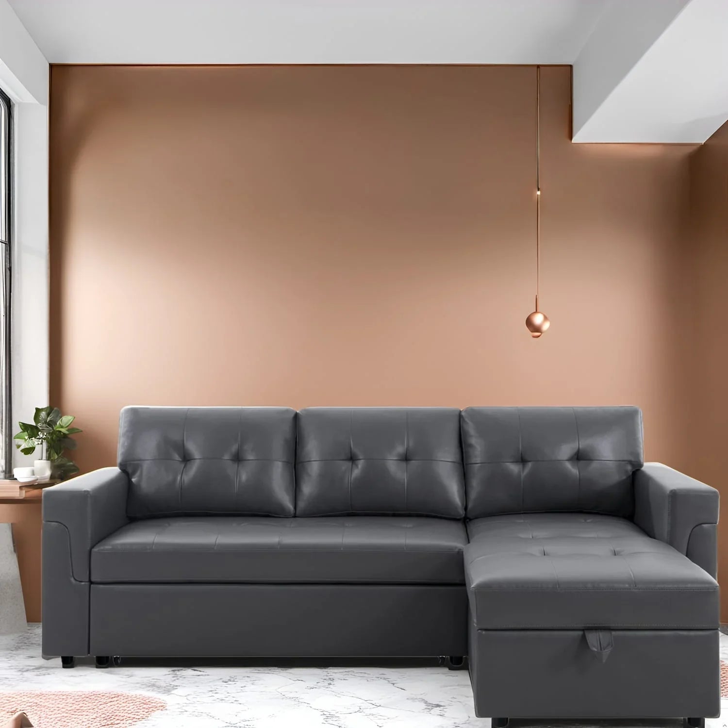 Divano sezionale reversibile con letto estraibile, chaise longue con contenitore nascosto, gambe durevoli,