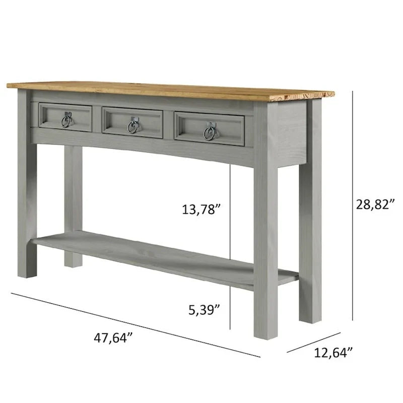 Tavolo Consolle Rustico in Pino Massiccio per Ingresso, Bianco Decapato / Marrone Antico / Grigio Decapato / Non Verniciato, 3 Cassetti