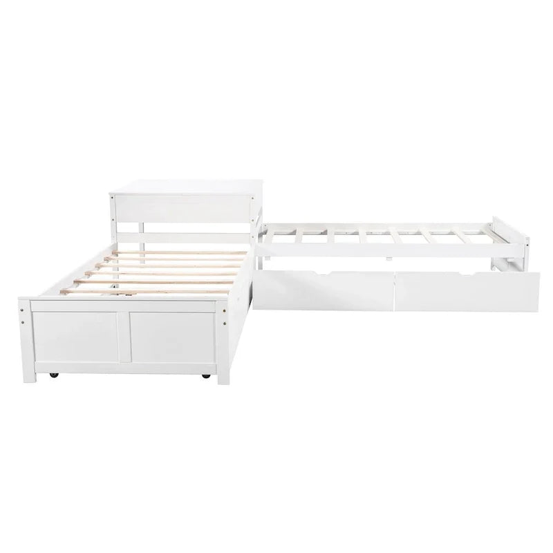 Letto a piattaforma a L moderno bianco per cameretta, dimensioni singole, con letto estraibile e cassetti