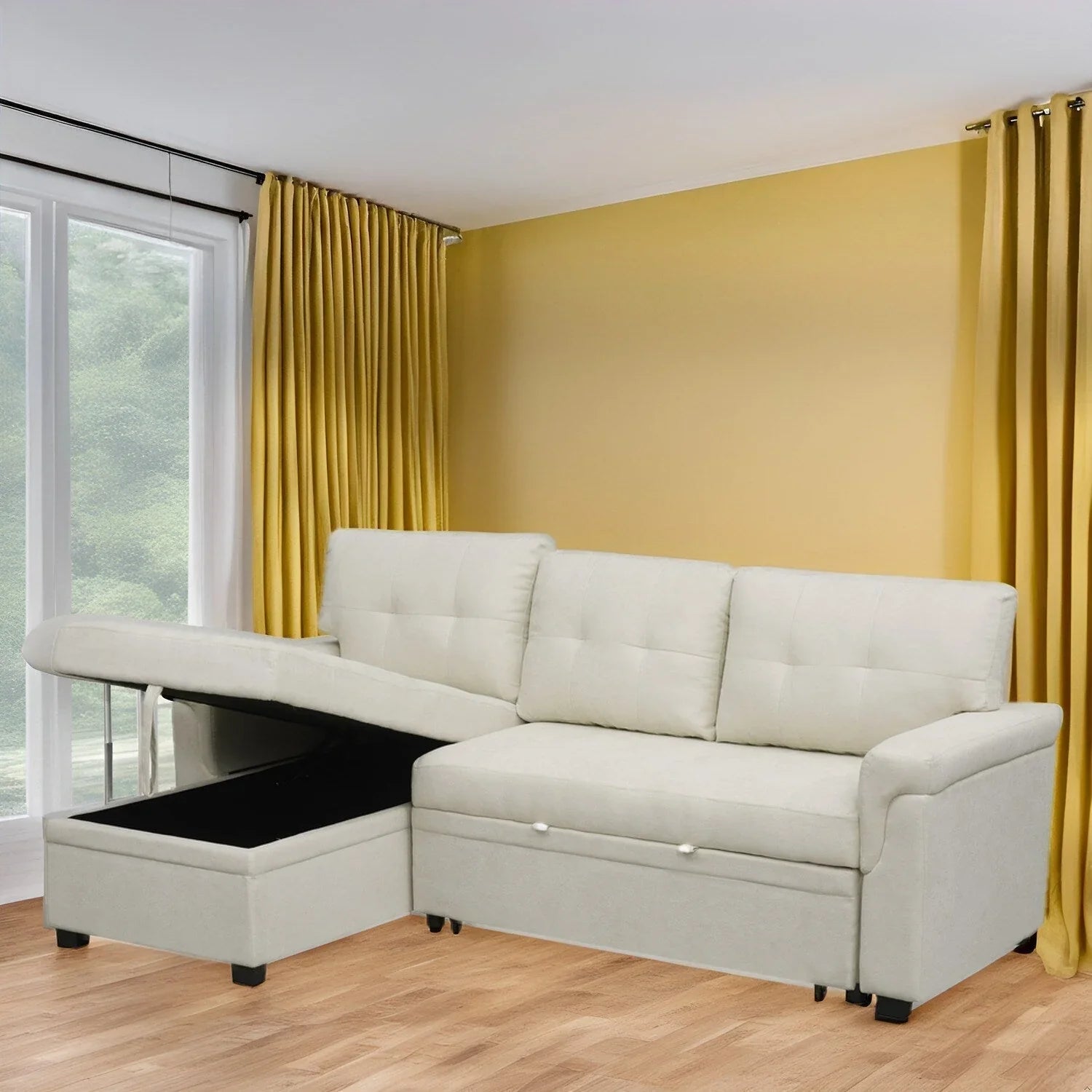 Divano sezionale reversibile con letto estraibile, chaise longue con contenitore nascosto, gambe durevoli,