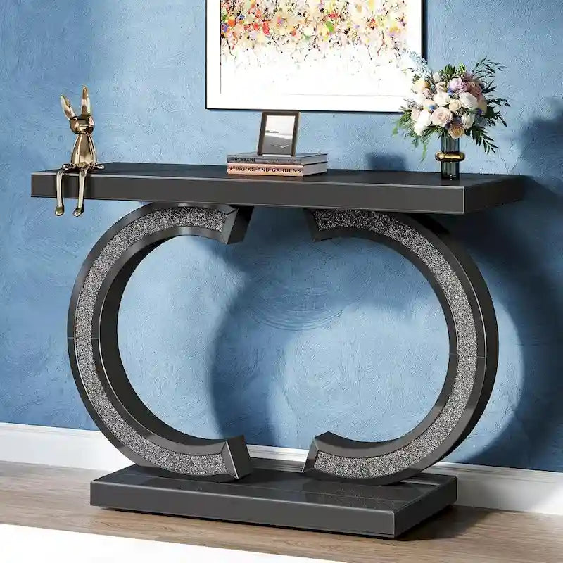 Console da Tavolo Argentata, Tavolino d'Ingresso con Specchio da 99 cm per Ingresso