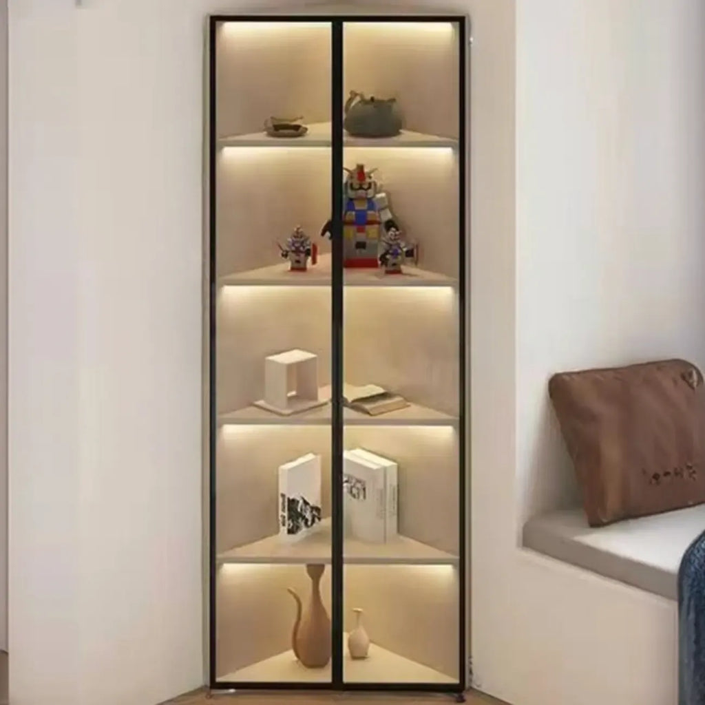Vetrina ad angolo moderna in metallo grigio e legno con anta in vetro