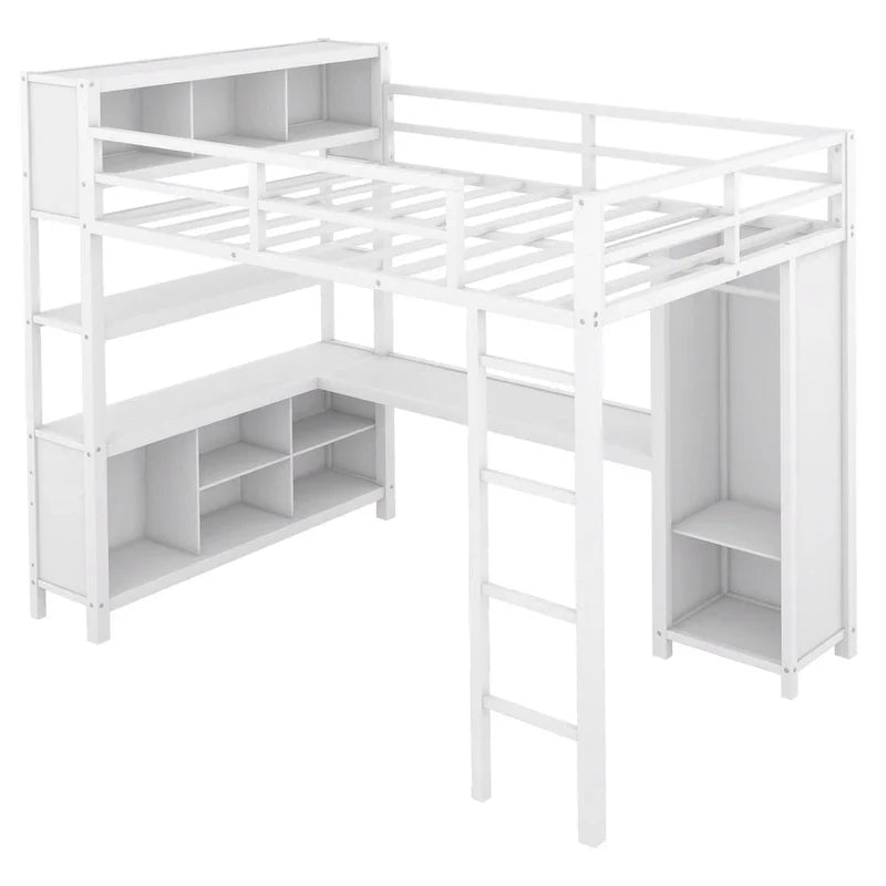 Letto a soppalco in metallo Off-White con scrivania e armadio - Matrimoniale