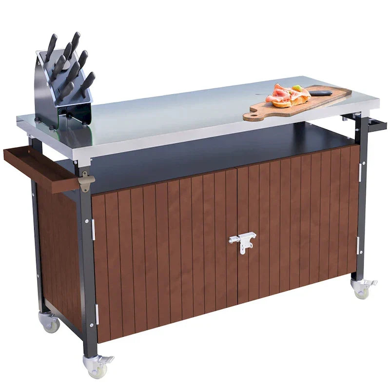 Carrello per Barbecue da Esterno con Piano in Acciaio Inox (sgabello non incluso)