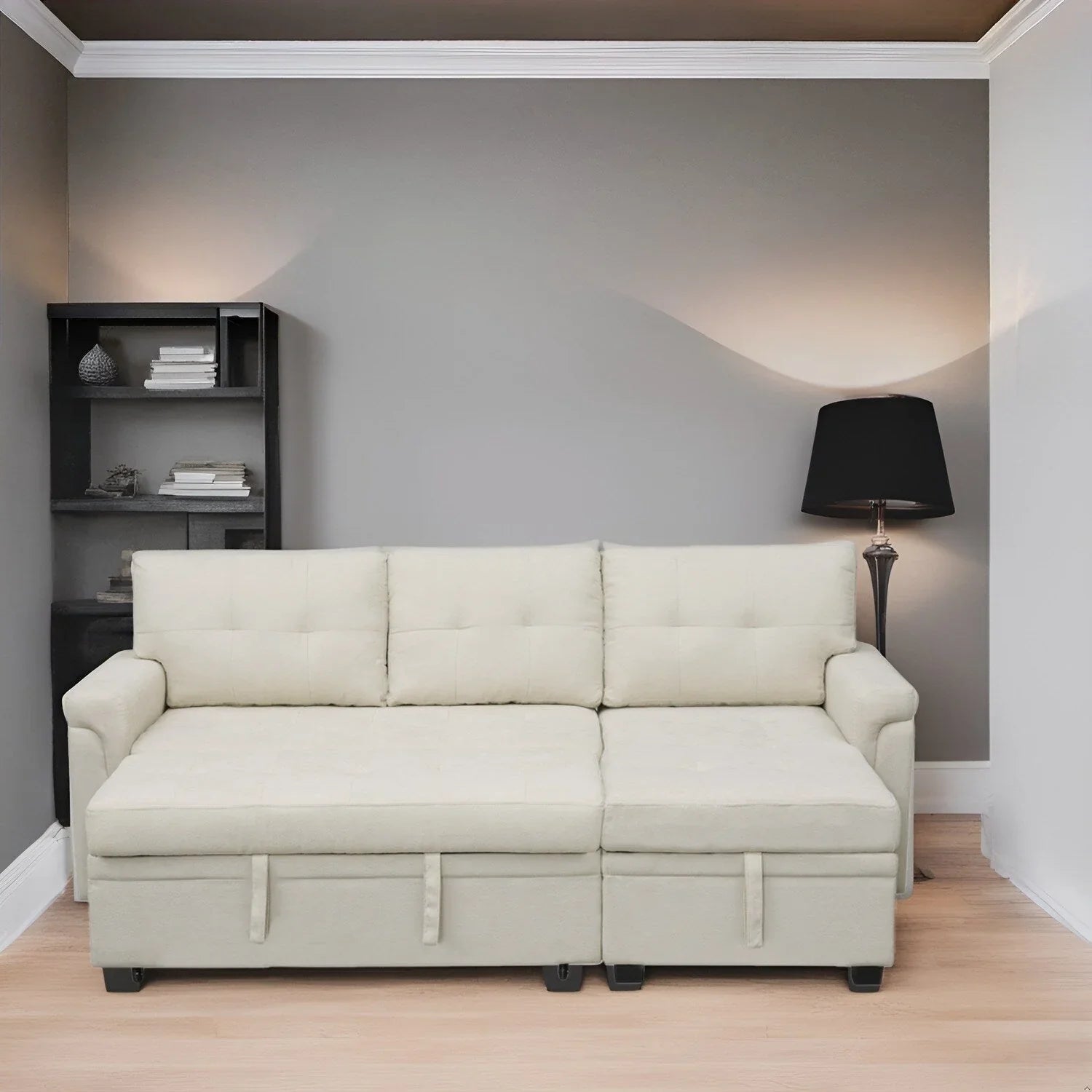 Divano sezionale reversibile con letto estraibile, chaise longue con contenitore nascosto, gambe durevoli,