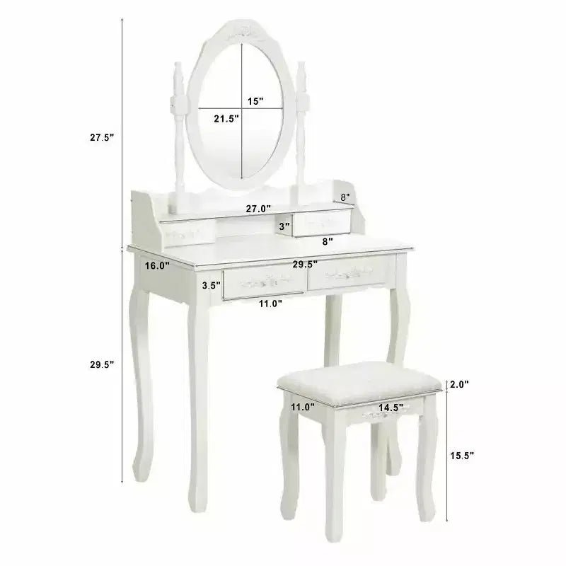 Sgabello da tavolo da trucco in legno Vanity 4 cassetti nero/bianco