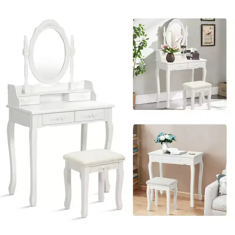 Sgabello da tavolo da trucco in legno Vanity 4 cassetti nero/bianco