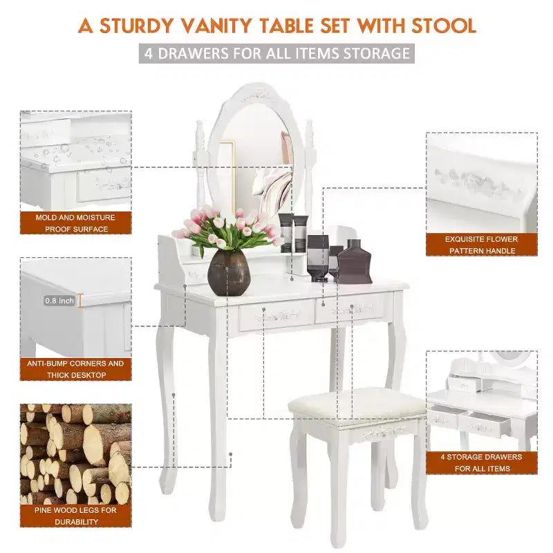 Sgabello da tavolo da trucco in legno Vanity 4 cassetti nero/bianco
