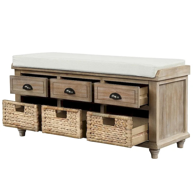 Panca rustica contenitore con 3 cassetti e 3 cesti in rattan, panca portascarpe per soggiorno, ingresso