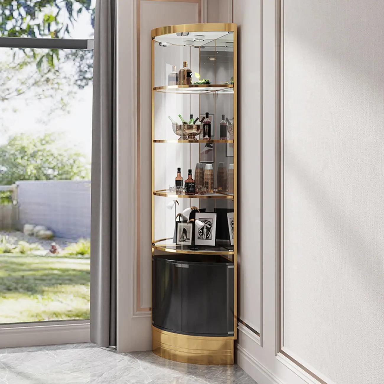 Mobile Bar Angolare con Scaffali Multipli in Vetro e Metallo per Esposizione