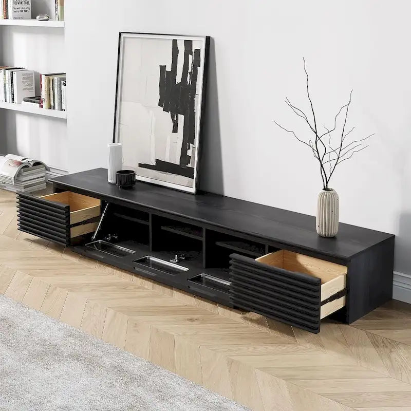 Mobile TV Minimalista con CassettiConsole Media in Legno Massello con Ante, Anta a Ribalta, Impiallacciatura in Noce, Completamente Assemblato