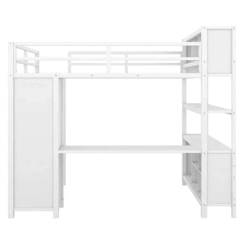 Letto a soppalco in metallo Off-White con scrivania e armadio - Matrimoniale