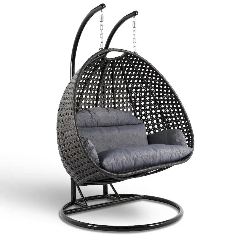 Sedia sospesa a dondolo a forma di uovo con supporto in metallo, telaio in vimini e cuscino – Beige / Blu antracite / Bianco / Blu / Bianco antico / Marrone / Tela, 2 posti