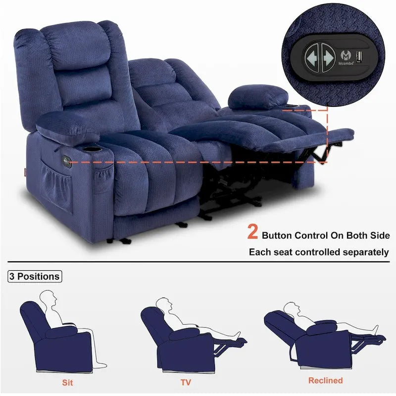 MCombo Divano reclinabile elettrico a due posti con funzione calore e massaggio, in tessuto PR648