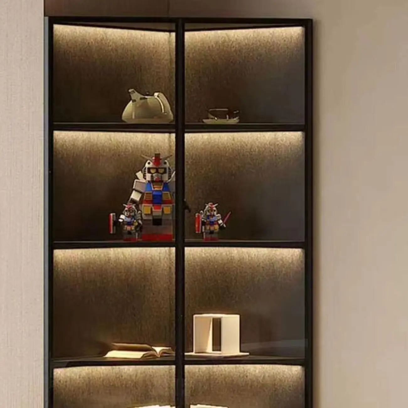 Vetrina ad angolo moderna in metallo grigio e legno con anta in vetro
