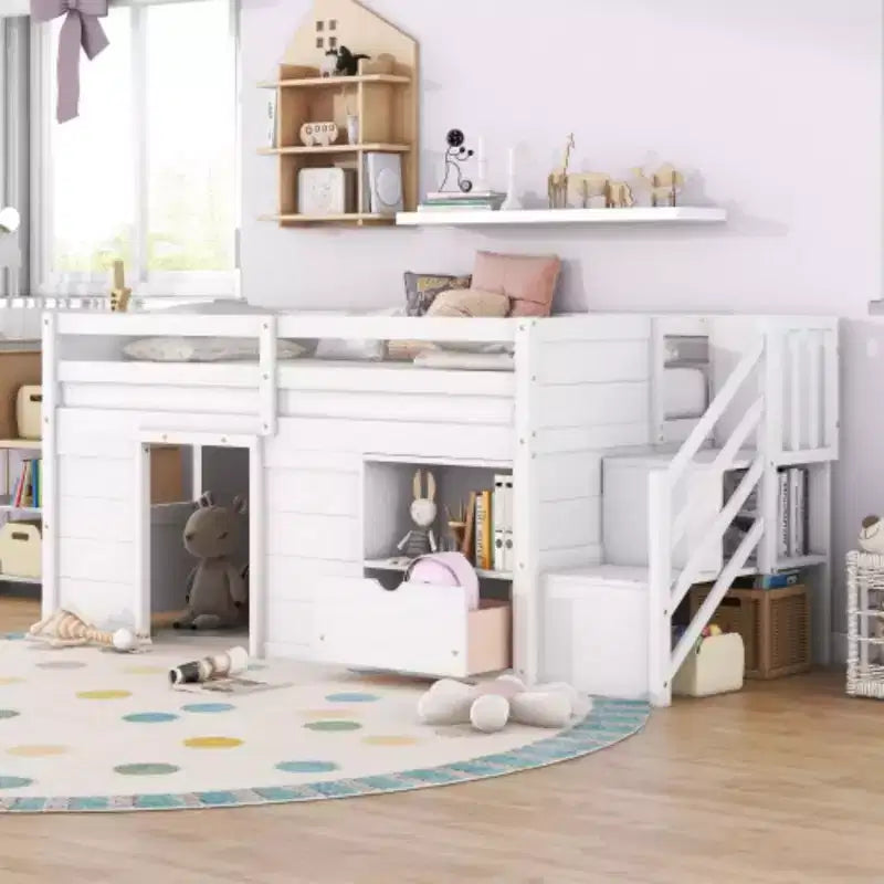Letti a soppalco bassi singoli, letto singolo con scale e sponda di sicurezza per bambini, ragazzi e ragazze, struttura in legno per letto singolo