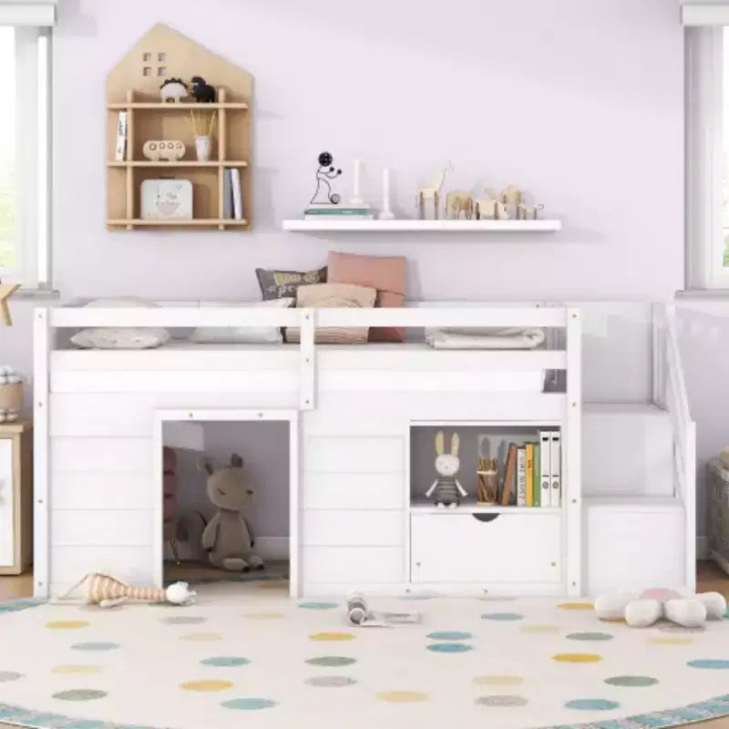 Letti a soppalco bassi singoli, letto singolo con scale e sponda di sicurezza per bambini, ragazzi e ragazze, struttura in legno per letto singolo