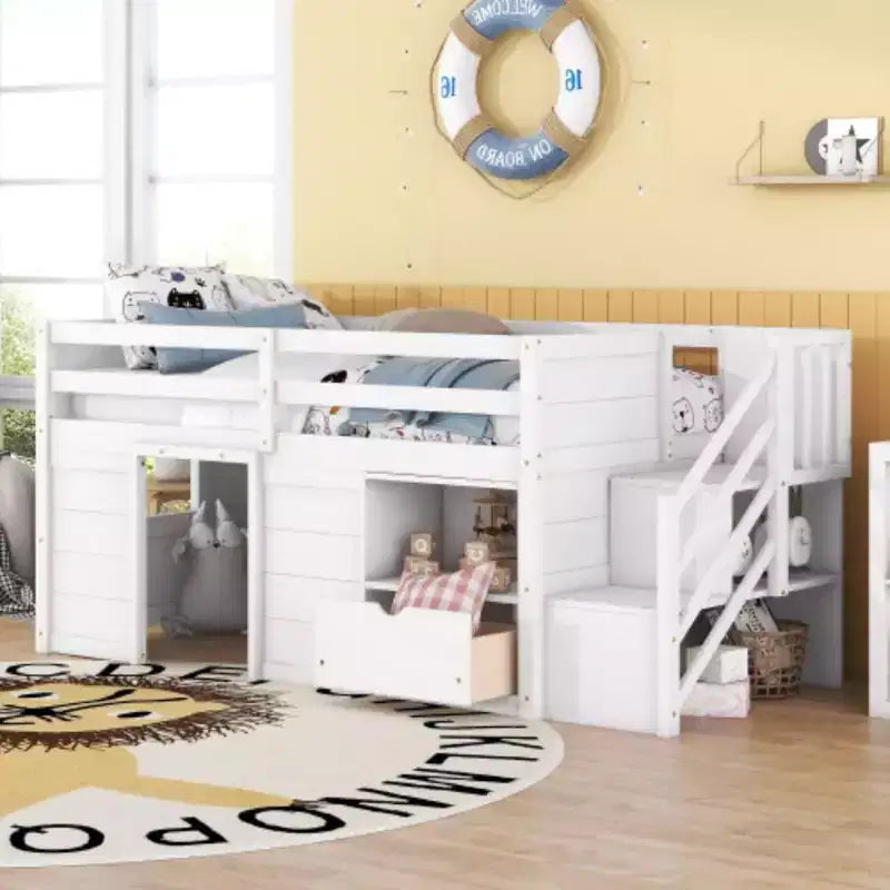 Letti a soppalco bassi singoli, letto singolo con scale e sponda di sicurezza per bambini, ragazzi e ragazze, struttura in legno per letto singolo