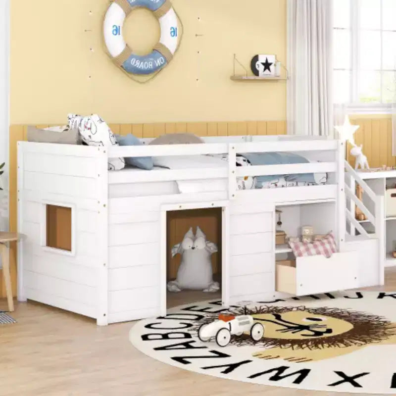 Letti a soppalco bassi singoli, letto singolo con scale e sponda di sicurezza per bambini, ragazzi e ragazze, struttura in legno per letto singolo
