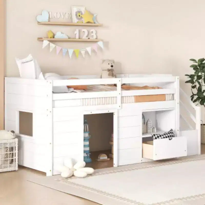 Letti a soppalco bassi singoli, letto singolo con scale e sponda di sicurezza per bambini, ragazzi e ragazze, struttura in legno per letto singolo