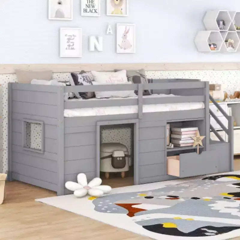 Letti a soppalco bassi singoli, letto singolo con scale e sponda di sicurezza per bambini, ragazzi e ragazze, struttura in legno per letto singolo