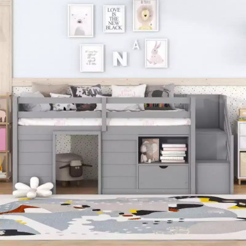 Letti a soppalco bassi singoli, letto singolo con scale e sponda di sicurezza per bambini, ragazzi e ragazze, struttura in legno per letto singolo