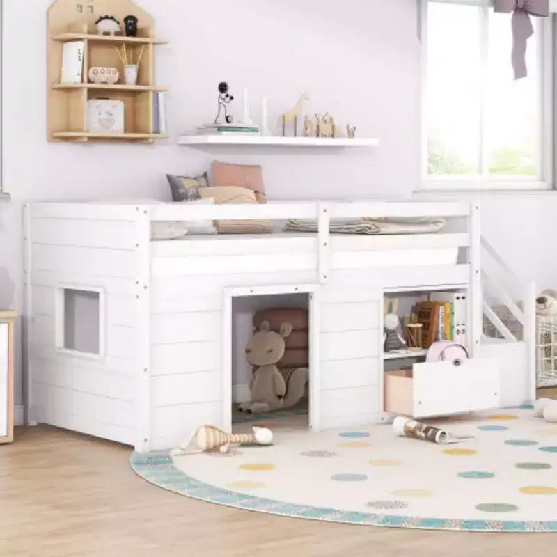 Letti a soppalco bassi singoli, letto singolo con scale e sponda di sicurezza per bambini, ragazzi e ragazze, struttura in legno per letto singolo