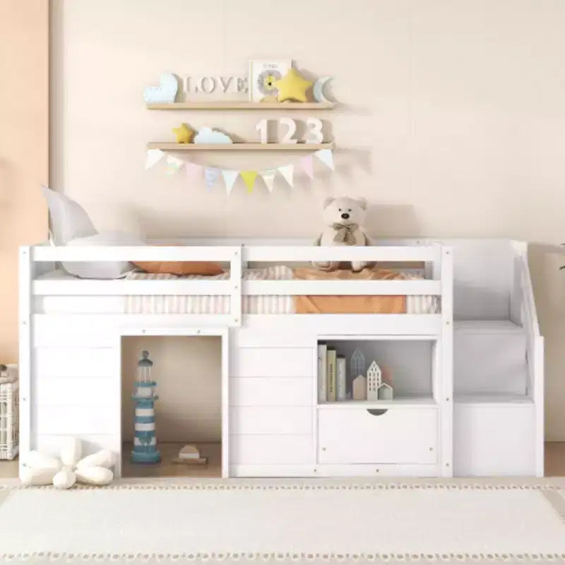 Letti a soppalco bassi singoli, letto singolo con scale e sponda di sicurezza per bambini, ragazzi e ragazze, struttura in legno per letto singolo