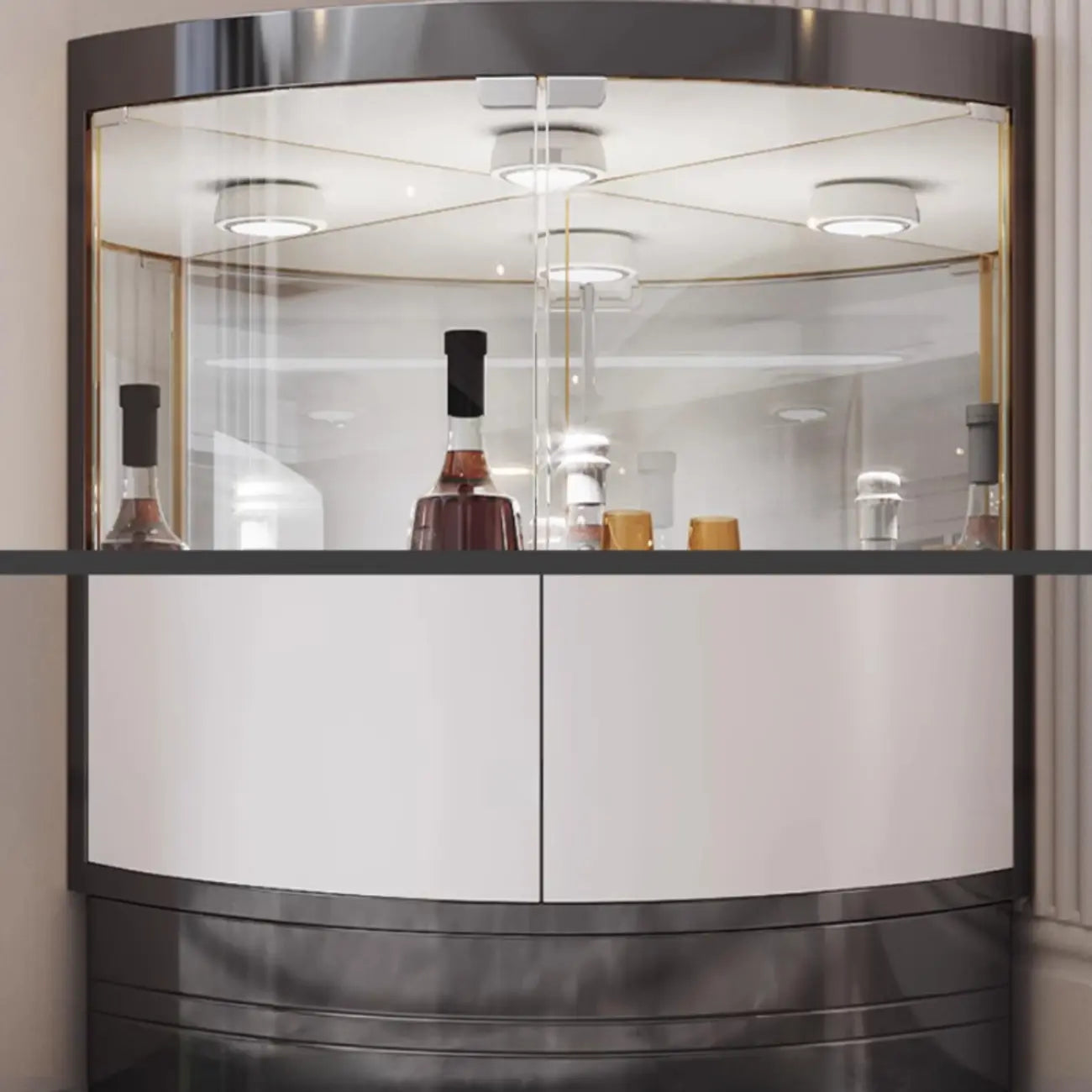 Mobile Bar Angolare con Scaffali Multipli in Vetro e Metallo per Esposizione