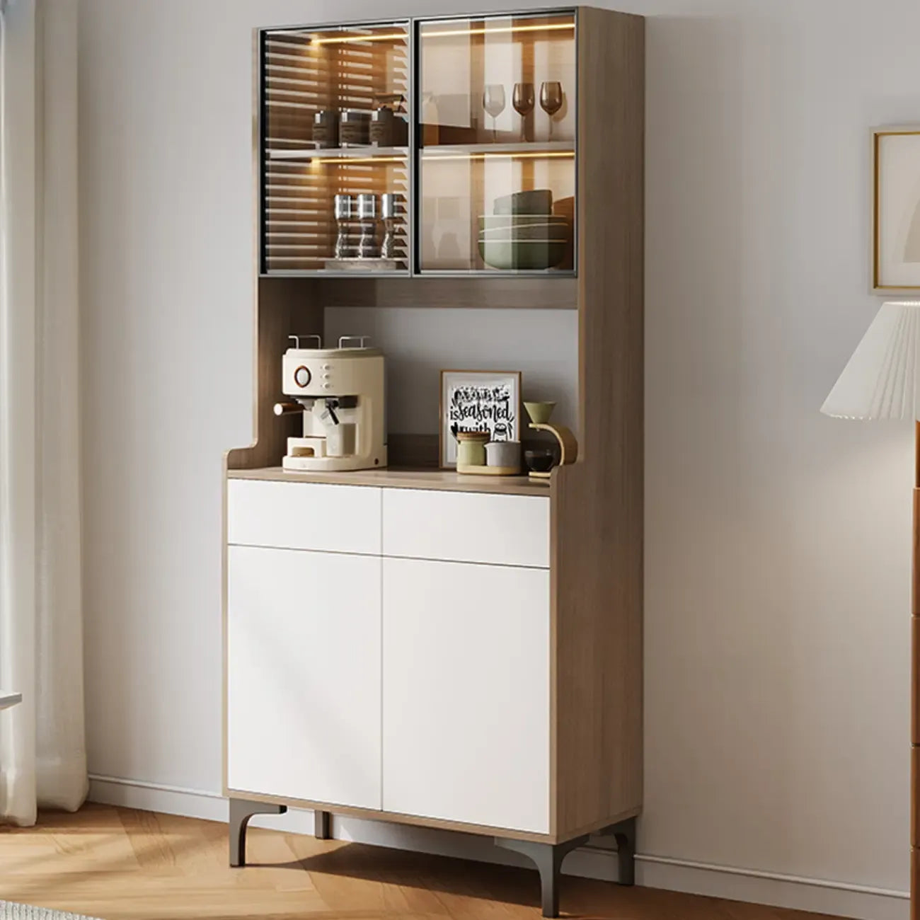 Credenza grande in legno e vetro con alzata superiore